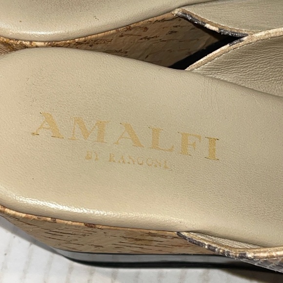 Amalfi by Rangoni Sandals Size 8.5M Black/Tan Snake Pattern Wedge Cork Slip On - Picture 12 of 13